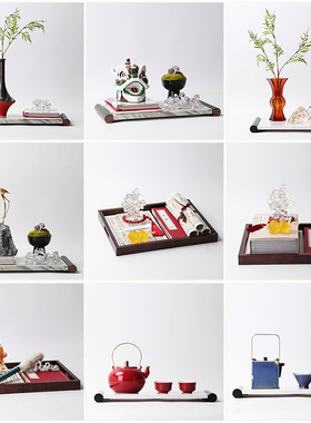 新中式创意大理石托盘套装摆件样板间客厅茶室书房洽谈桌装饰摆设
