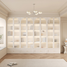 法式奶油风书柜书架一体组合带玻璃门定制家用整墙落地实木书橱柜