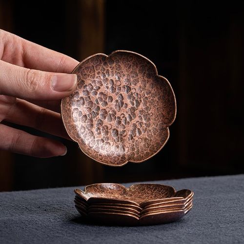 中式家用紫铜杯垫手工锤纹杯托功夫茶具隔热垫茶道配件铜茶托杯碟