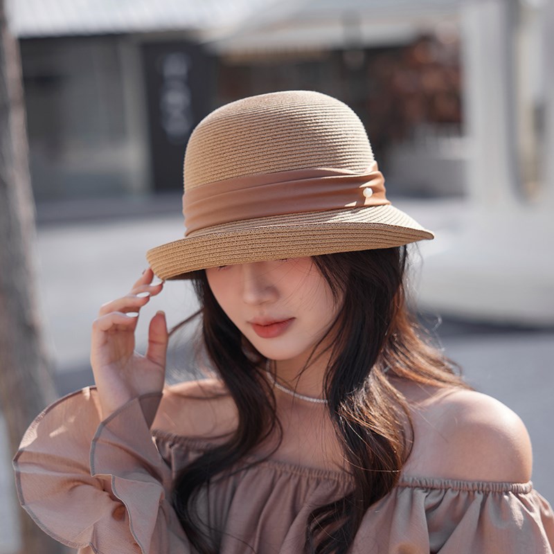 卷边草帽女夏季新款甜美珍珠草编遮阳帽女士时尚可折叠防晒帽子