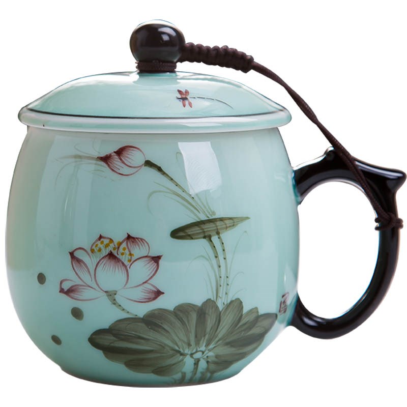 景德镇陶瓷茶杯水杯带盖手绘荷花茶杯影青釉釉下彩个性水杯