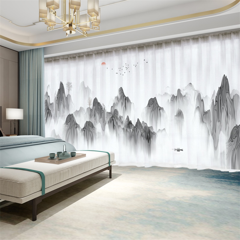 新中式窗帘遮光2026新款中国风景古典山水墨画客厅透光不透人纱帘