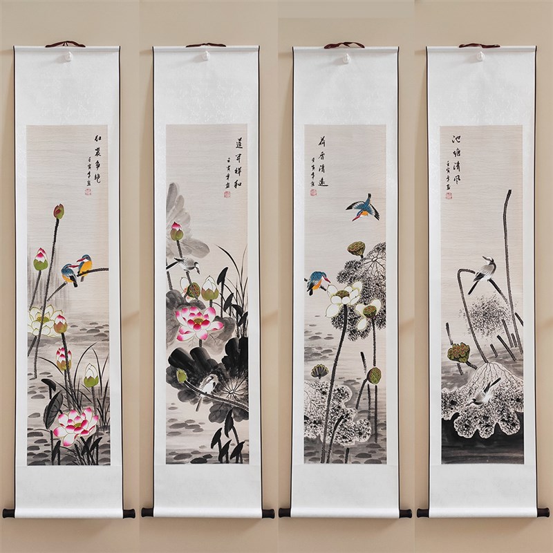 四联条屏梅兰竹菊小写意花鸟画花开富贵工笔山水仿古宣纸客厅装饰