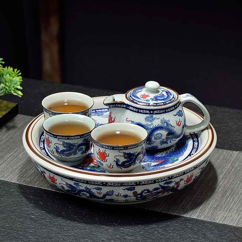 中式陶瓷茶盘茶杯盖碗茶船套装客厅釉中彩套装潮汕功夫茶具10英寸