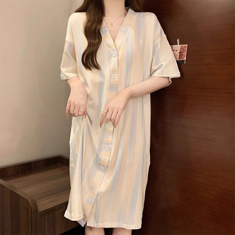 带胸垫睡裙女士夏季2026新款高级感睡衣大尺码睡袍短袖开襟外套家