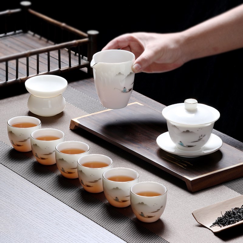景德镇茶具套装高档办公室礼盒装小套白瓷玻璃盖碗泡茶家用功夫羊