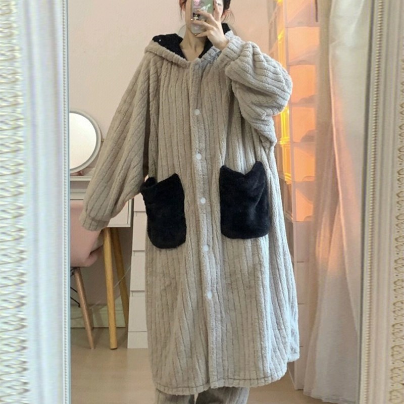 珊瑚绒睡袍女秋冬季2025新款连帽韩版ins风高级感长款睡衣家居服