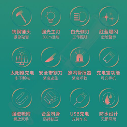 车载手电筒多功能自充电逃生强光带磁铁救援汽车专用太阳能应急灯