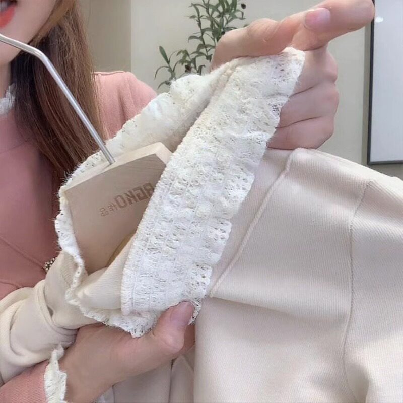 双面德绒发热衣女加绒加厚秋冬可外穿内搭蕾丝上衣半高领打底衫