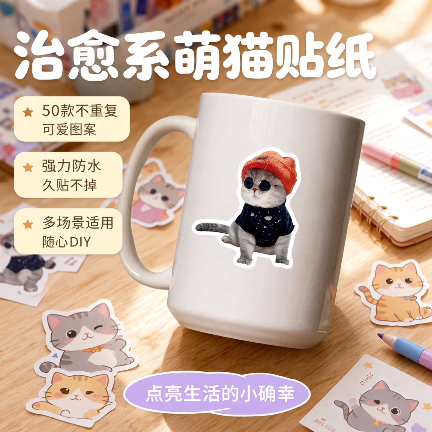 50张可爱网红猫防水装饰贴纸图片