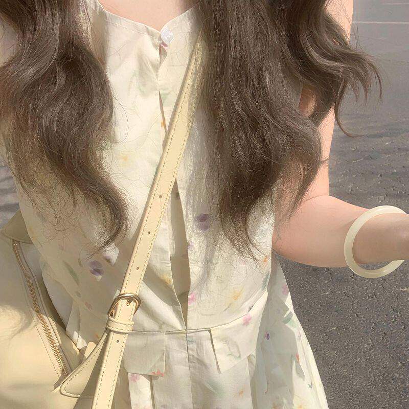 法式无袖背心碎花洋装子