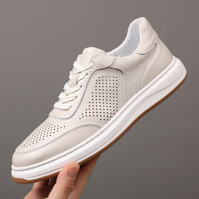 头层牛皮男鞋夏季镂空透气板鞋男