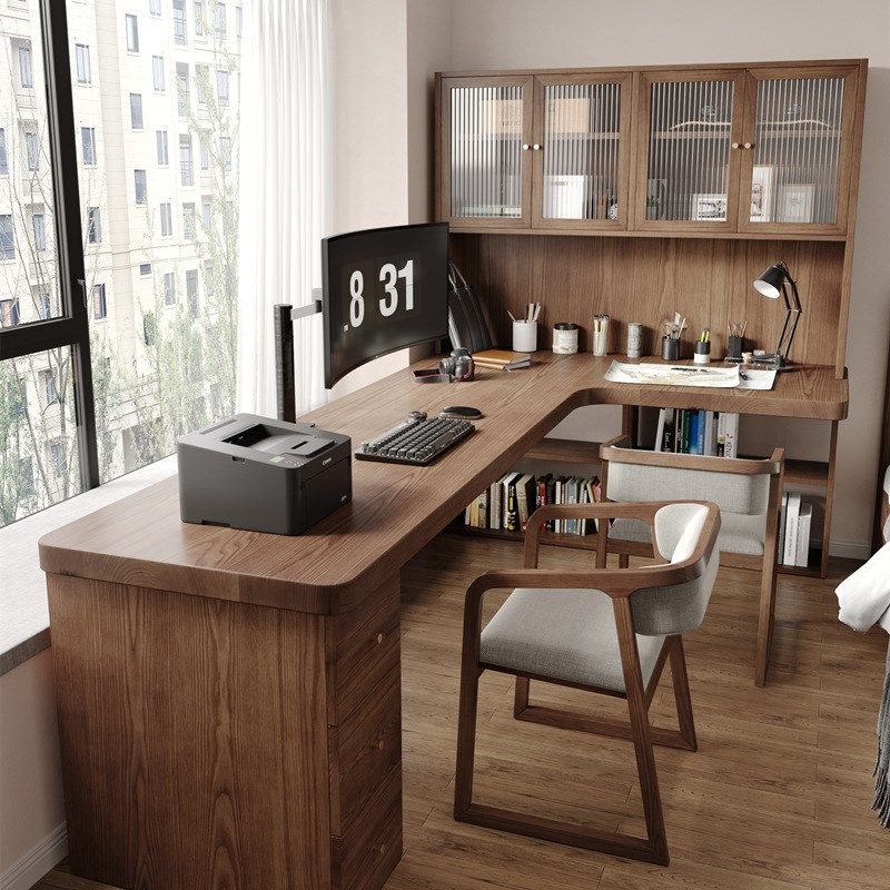 中古风转角书桌实木电脑桌l型复古七字型办公桌靠墙大板长工作台