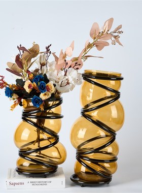 现代简约玻璃缠绕花器木质高脚果盘创意摆件桌面餐桌装饰品样板间