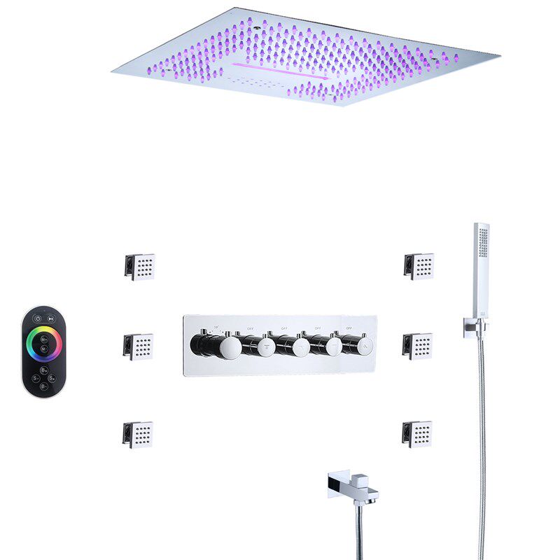 嵌入式400*400mm镀铬LED音乐花洒顶喷浴室恒温暗装花洒套装