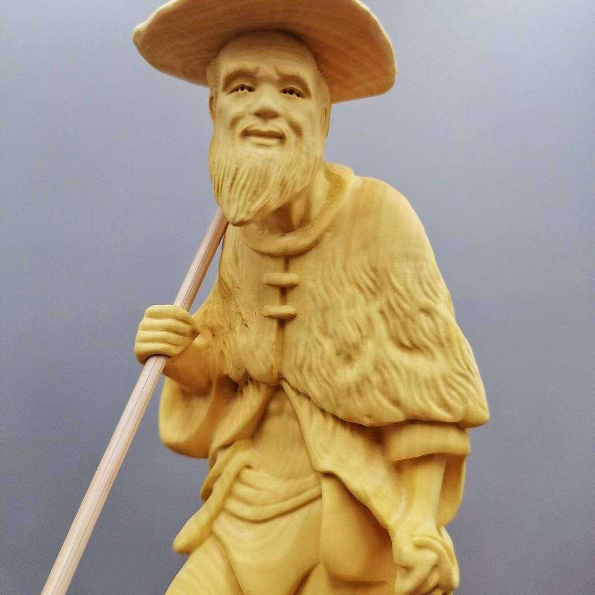 黄杨木雕工艺渔樵渔耕实木耕读摆件玄关人物家居客厅装饰桌面雕刻