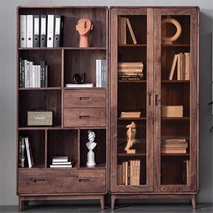 新组式 黑中胡桃全实木书柜合家用落地简书橱带玻璃门置约物收SG