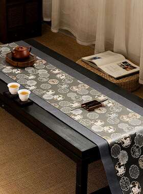 中式桌旗禅意茶台艺长条桌布新织锦云松桌双CTT茶面防水茶垫布布