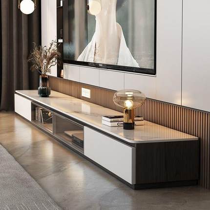 意现式奶油风奢极简岩板实木电视柜落地简合约代客厅组轻储100266