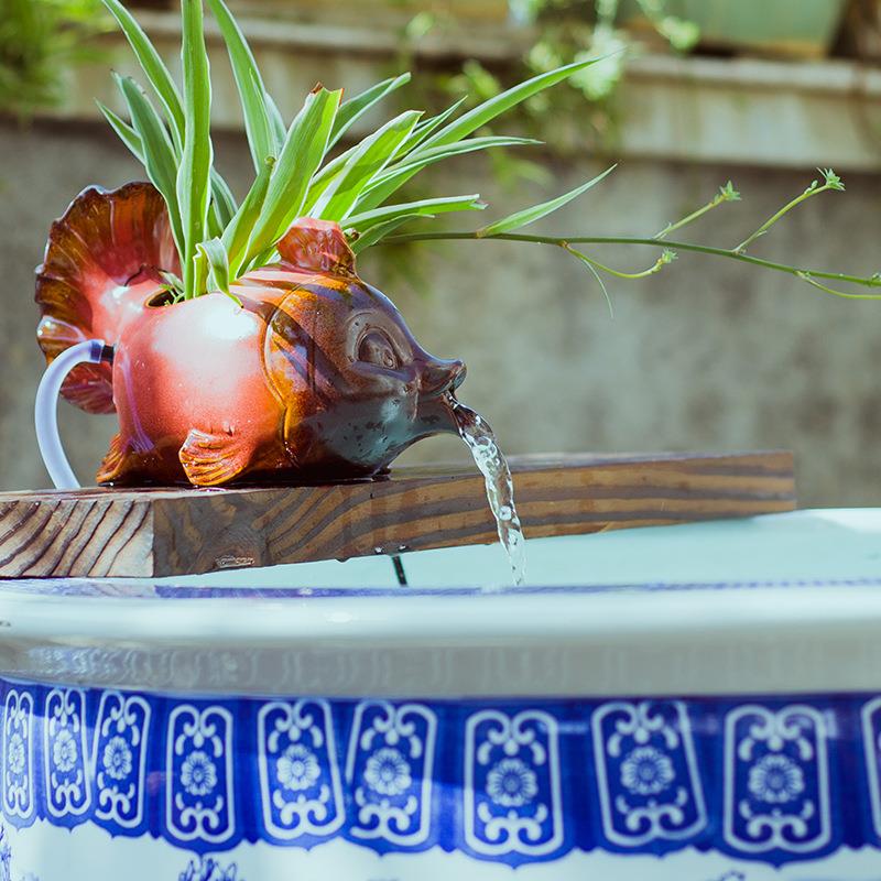 古法养鱼造流水景材器鱼缸陶瓷景观摆件微创意动物窑变金鱼造型过