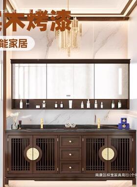 新式橡木浴室柜组合胡桃色落地式卫生间洗一手洗脸柜台盆中DGX体