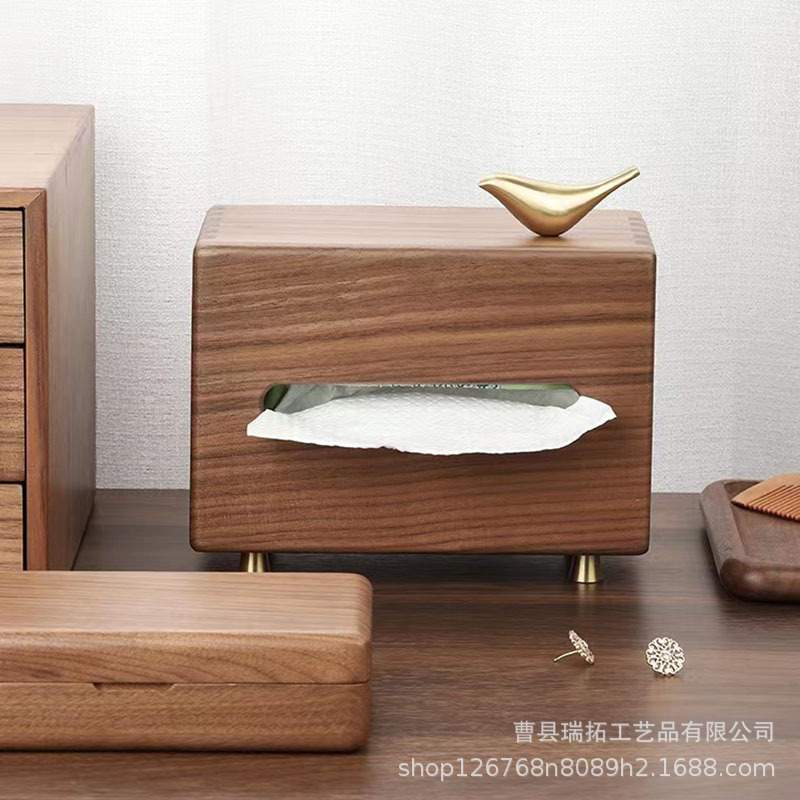 黑胡桃纸巾盒家用客厅高档桌面抽纸盒铜鸟纸抽盒摆件木质收纳盒