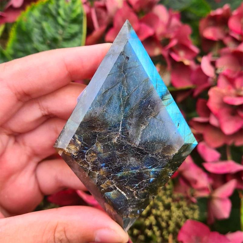 然天拉长石菱形几何体件原石打磨月光石家居水A042晶工艺蓝品摆摆