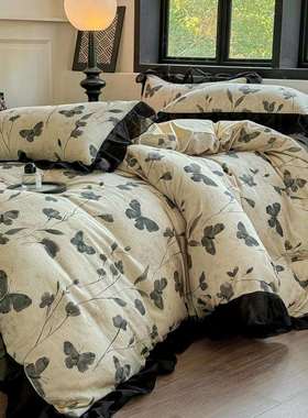 A类全式棉双层纱床上四件套723法100纯棉赫本风古花复边被套床床