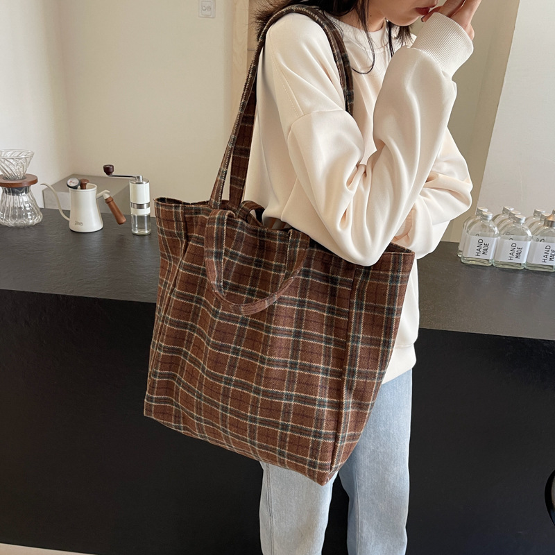 格子毛呢包秋冬新款单肩包大容量