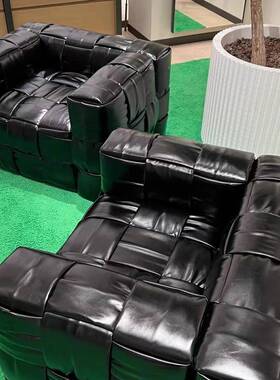 复古风黑色编织单沙YDF发简户型客厅设计师轻奢小板约单人人皮艺