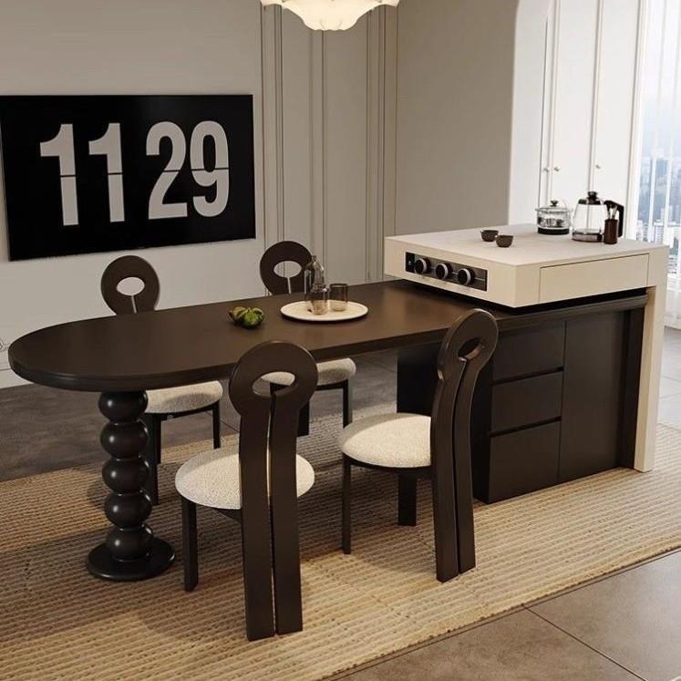 代可伸缩岛台餐桌一多功能体家用中古风圆弧餐FAF椅厨房中岛岩桌