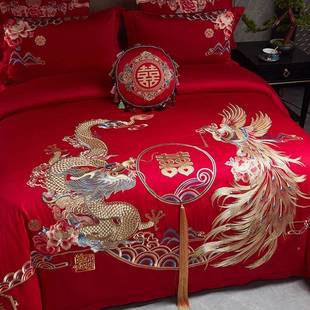 婚庆1NWZ40四件套龙凤刺被绣床纯棉套支床单喜字品