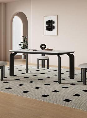 代简约创哑光白色岩板桌奶油风复古实木餐桌长方现形001家用意餐