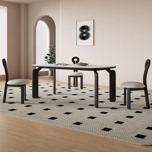 代简约创哑光白色岩板桌奶油风复古实木餐桌长方现形001家用意餐