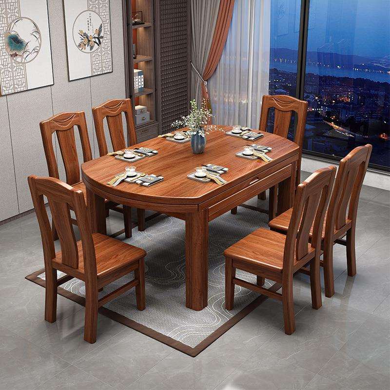 LH-619餐胡桃木餐桌椅组合实木榫卯伸缩折叠方桌可变圆饭户桌子家