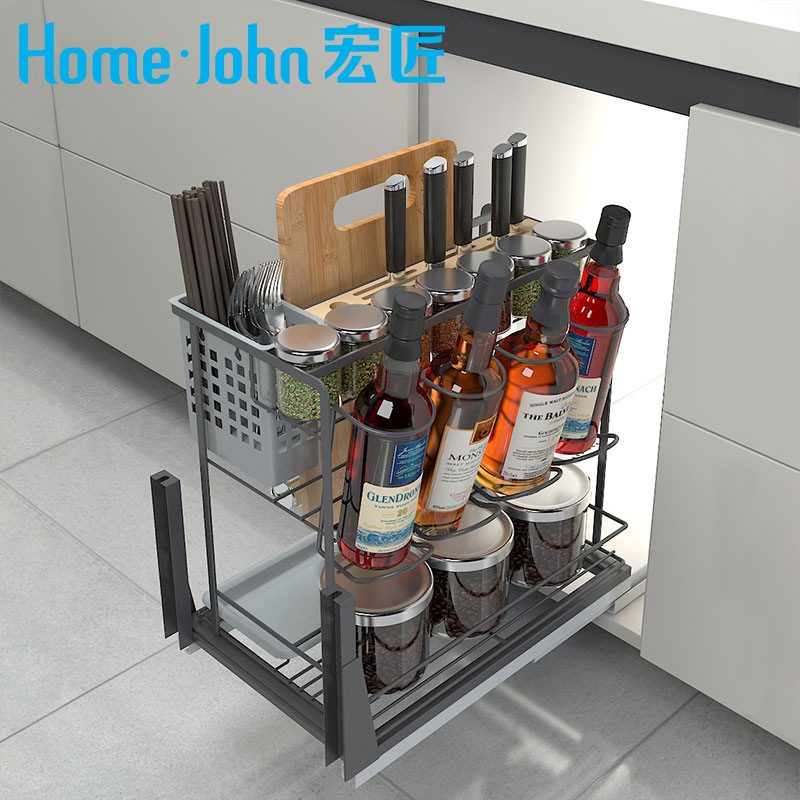 现货柜内置物架 磨砂黑实心抽屉式拉篮 带阻尼缓冲厨房橱柜拉篮