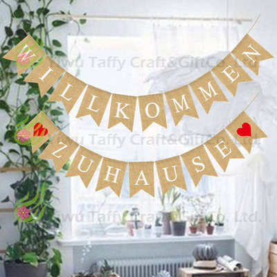 厂家直供 家庭聚会派对装饰拉花  WILLKOMMEN ZUHAUSE麻布燕尾旗
