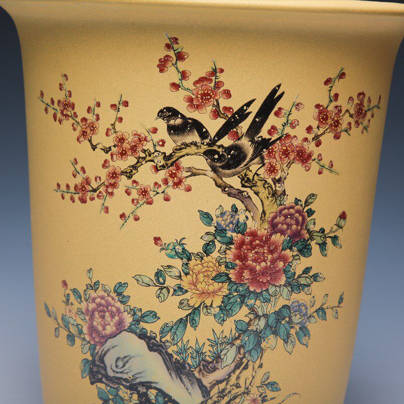 宜兴精品紫砂花盆兰花盆大绿植中国风陶瓷创意圆形黄段泥金钟包邮