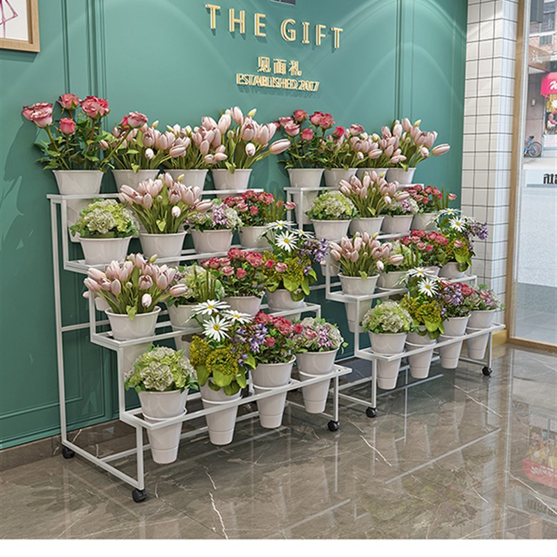 花店鲜花展示架多层阶梯花架摆花带万向轮铁艺架子养花桶塑料花筒