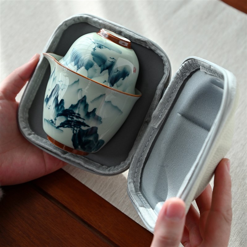 手绘山水青花陶瓷旅行茶具套装家用便携功夫茶杯中式品茗杯泡茶壶