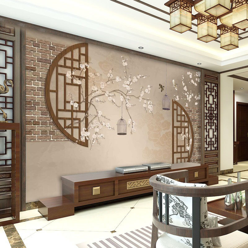 2023新款花鸟电视背景墙壁纸简约现代中式装饰客厅卧室3d墙布壁画