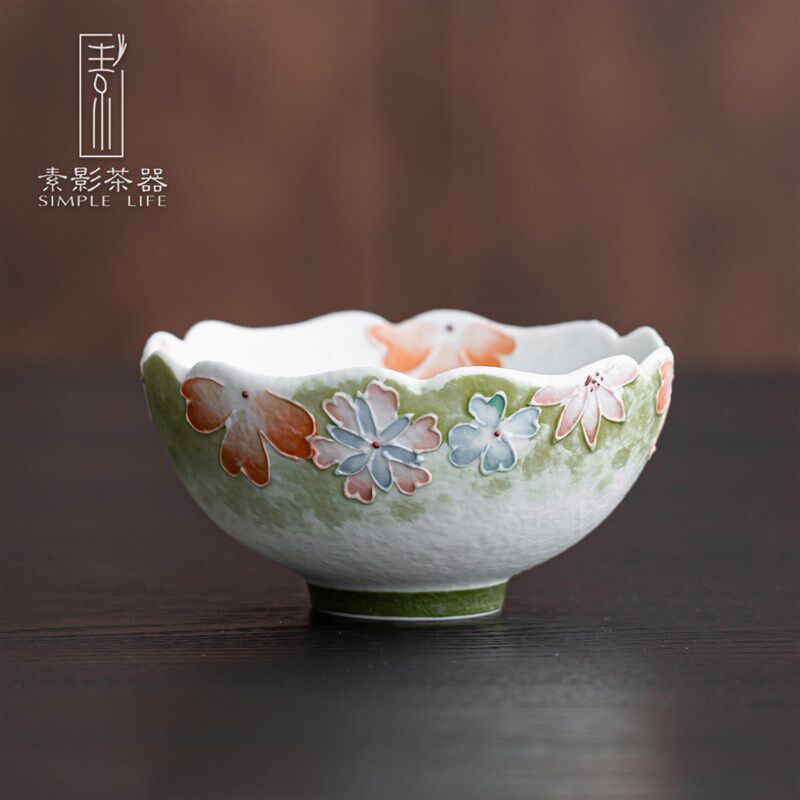 手绘花朵陶瓷茶杯白色花瓣造型品茗杯花屿青橘花边女主人杯普洱杯