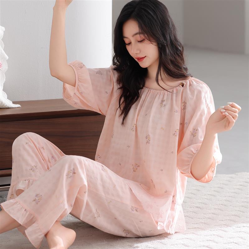 女士夏季棉纱睡衣棉绸女棉布宽松薄款泡泡棉中袖套头家居服可外穿