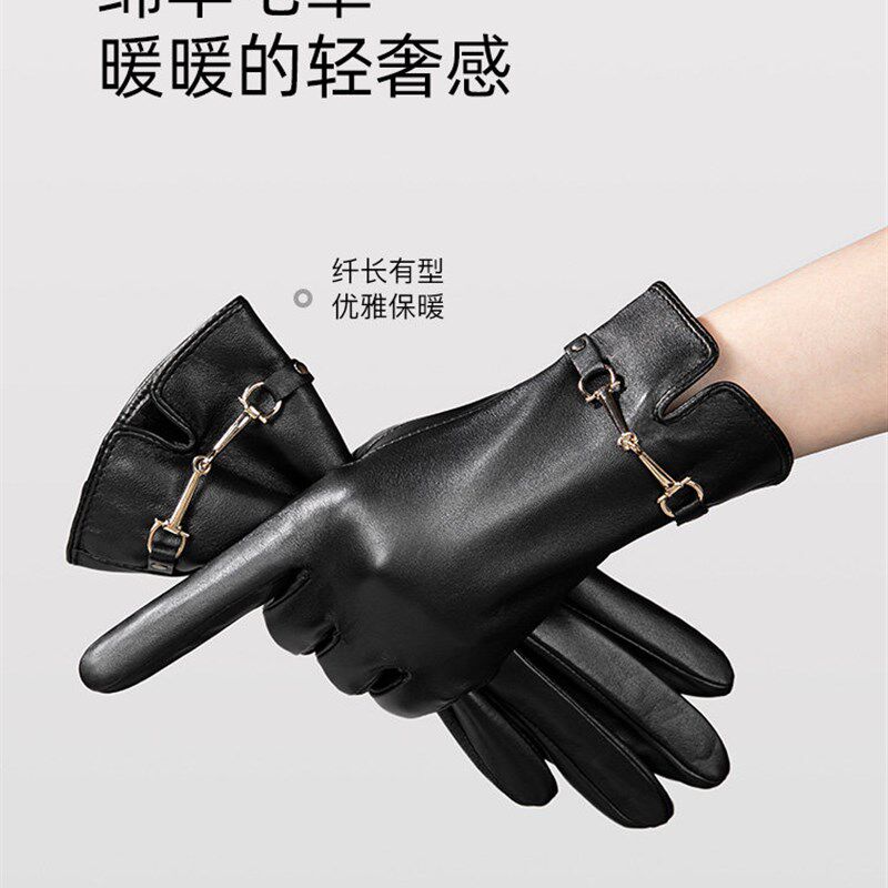 FANCET真皮手套女士冬天保暖加绒加厚冬季骑行开车触屏绵羊皮手套