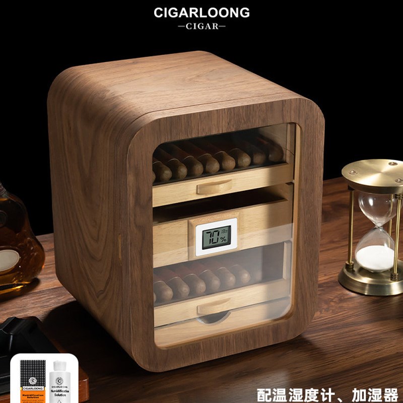 茄龙雪茄保湿盒三层钢琴烤漆雪松木保湿箱柜档带温湿度计正品