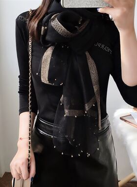真丝围巾女韩版经典百搭黑色桑蚕丝披肩金边钉珠披肩丝巾纱巾春秋