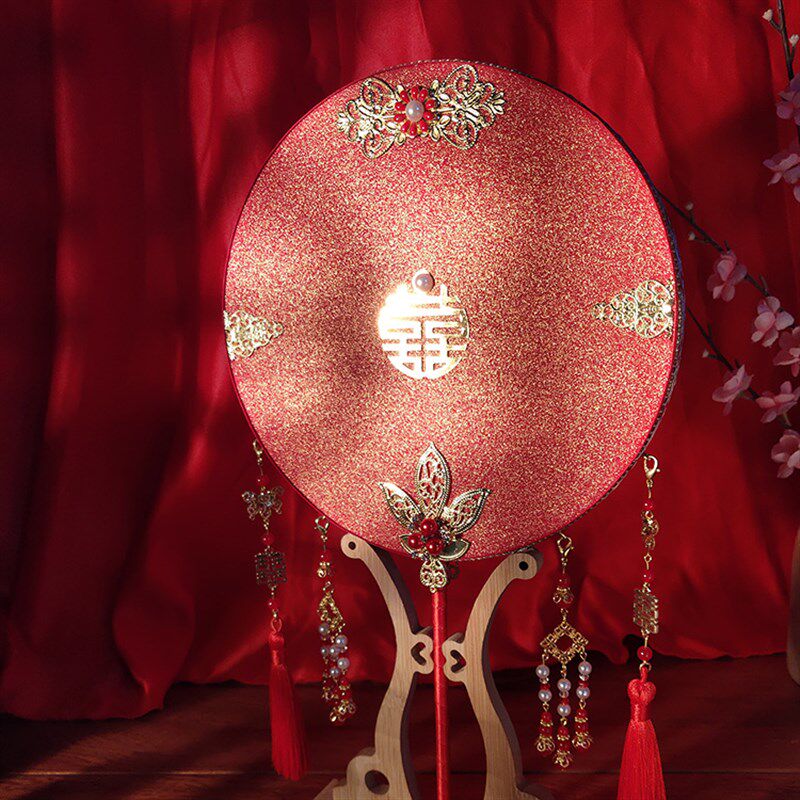 双面秀禾扇新娘结婚手捧扇中式团扇流苏扇子烫金DIY材料包喜扇红