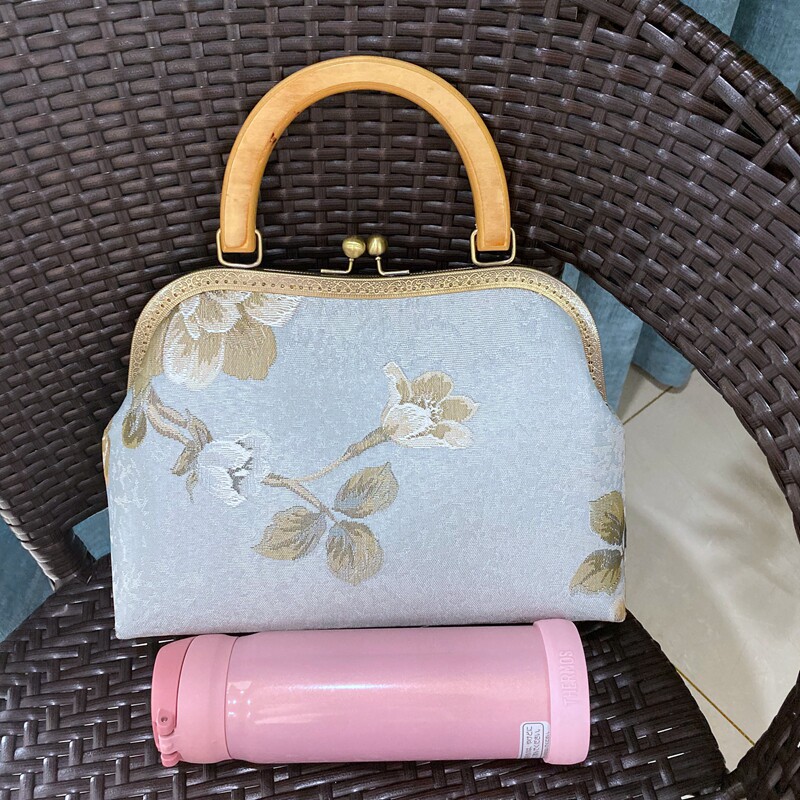 【半成品 自己做】DIY手工26cm原木提手绣花牡丹口金材料包