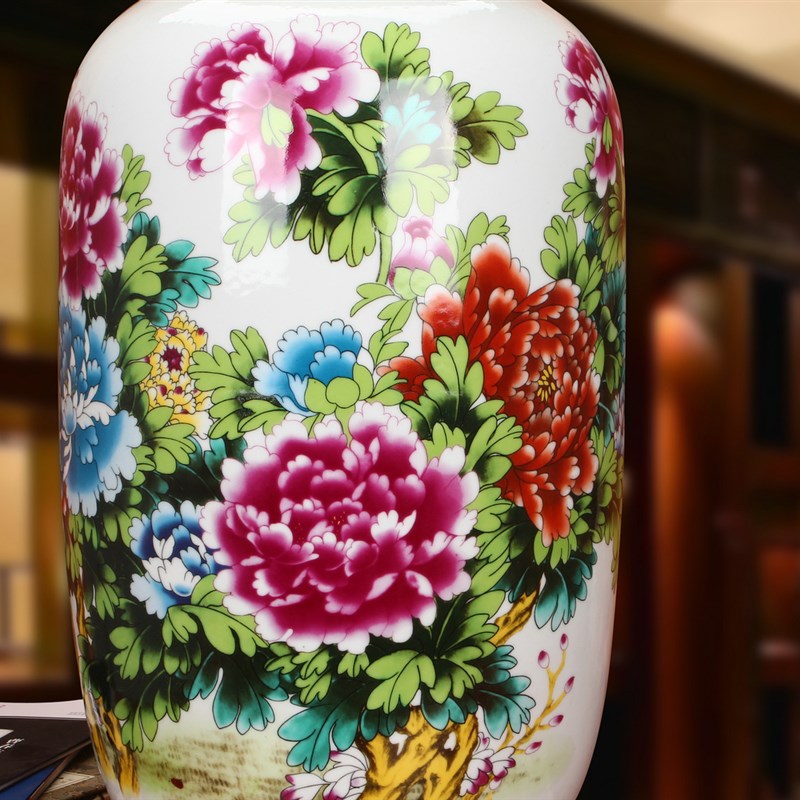 景德镇陶瓷器 粉彩牡丹花开宝贵冬瓜落地大花瓶 现代中式家居摆件