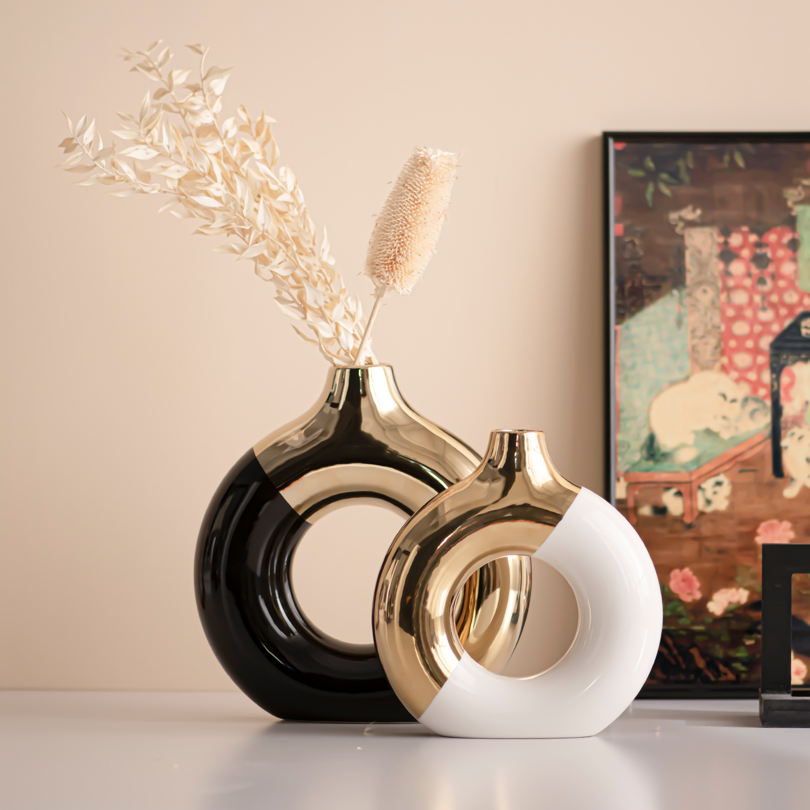 轻奢陶瓷花瓶拼撞色甜甜圈造型桌面装饰摆件客厅软装现代家居用品